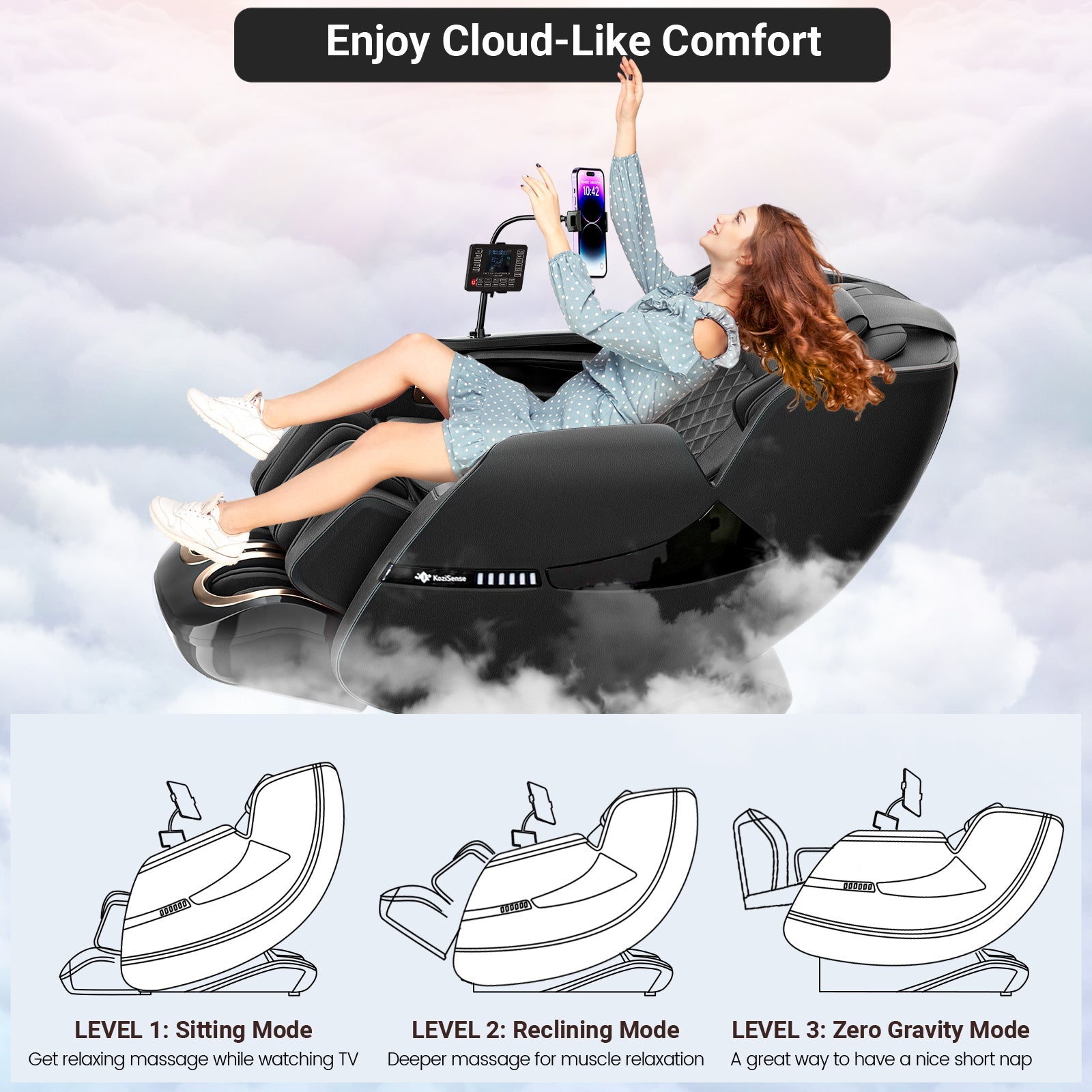 KoziSense KZ-A18 3D SL Track Massage Chair | Full Body Zero Gravity, No Assembly Required, Back Pain Relief - (All Black)