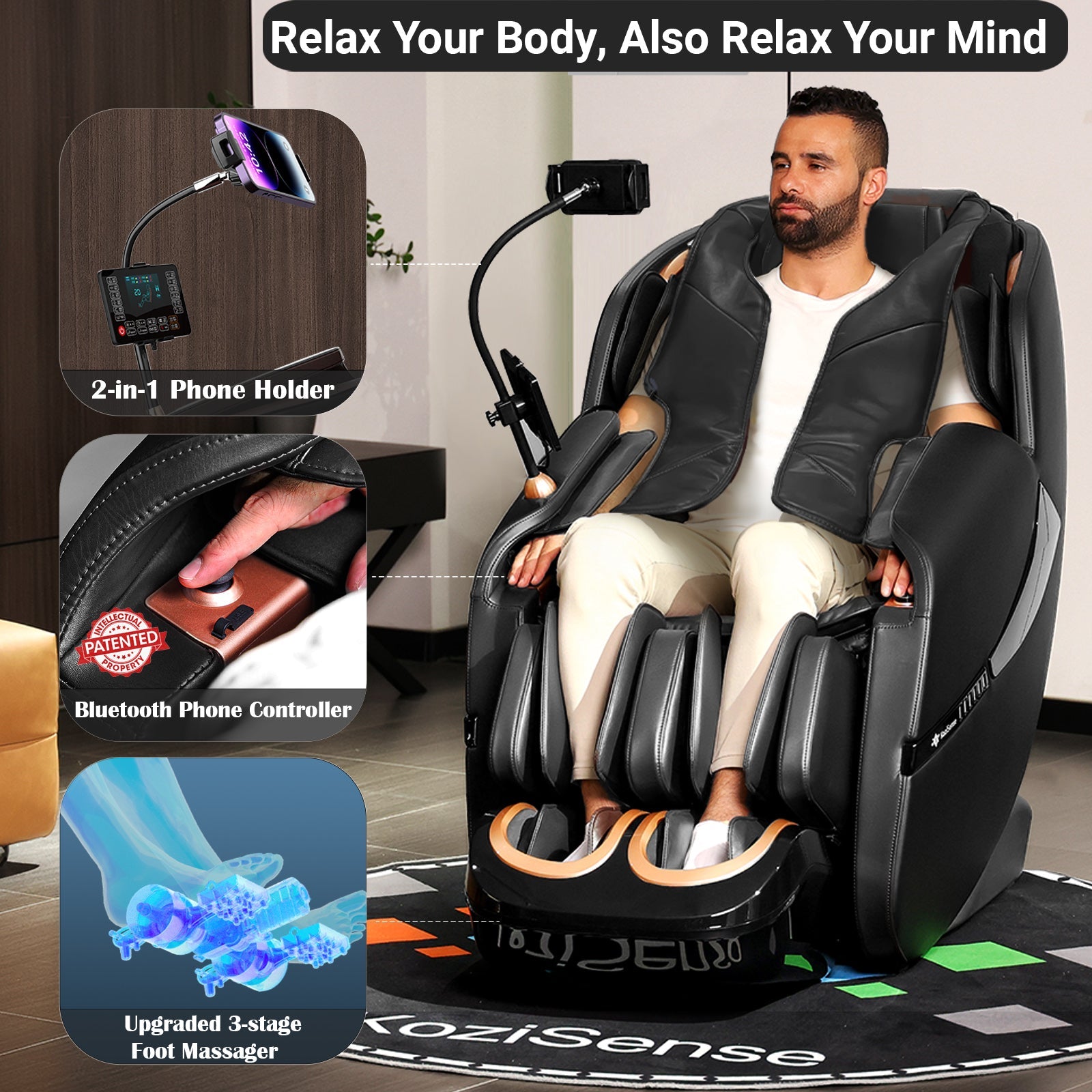 KoziSense KZ-A18 3D SL Track Massage Chair | Full Body Zero Gravity, No Assembly Required, Back Pain Relief - (All Black)