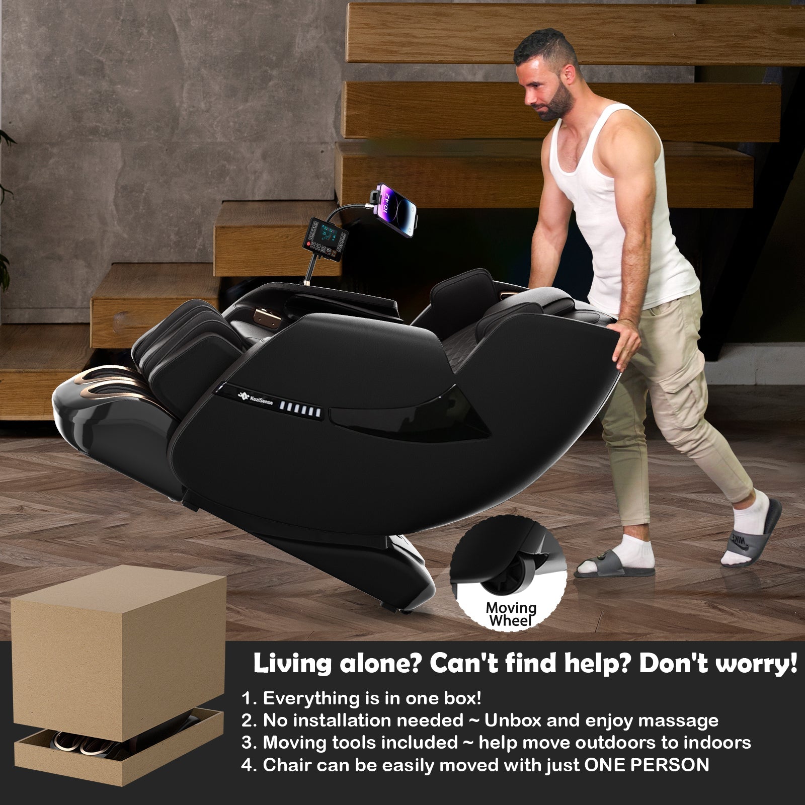 KoziSense KZ-A18 3D SL Track Massage Chair | Full Body Zero Gravity, No Assembly Required, Back Pain Relief - (All Black)